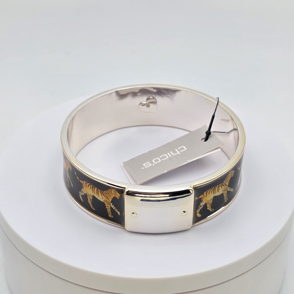 New! CHICO'S Luna Bracelet Tiger Print Wide Bangle Enamel Silver Tone New W Tags - Picture 1 of 6